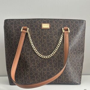 Calvin Klein Dark Brown Monogram Chain Strap Bag